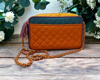 Vintage Ohh! Ashley Colorblock Leather Camera Bag with Chain Strap