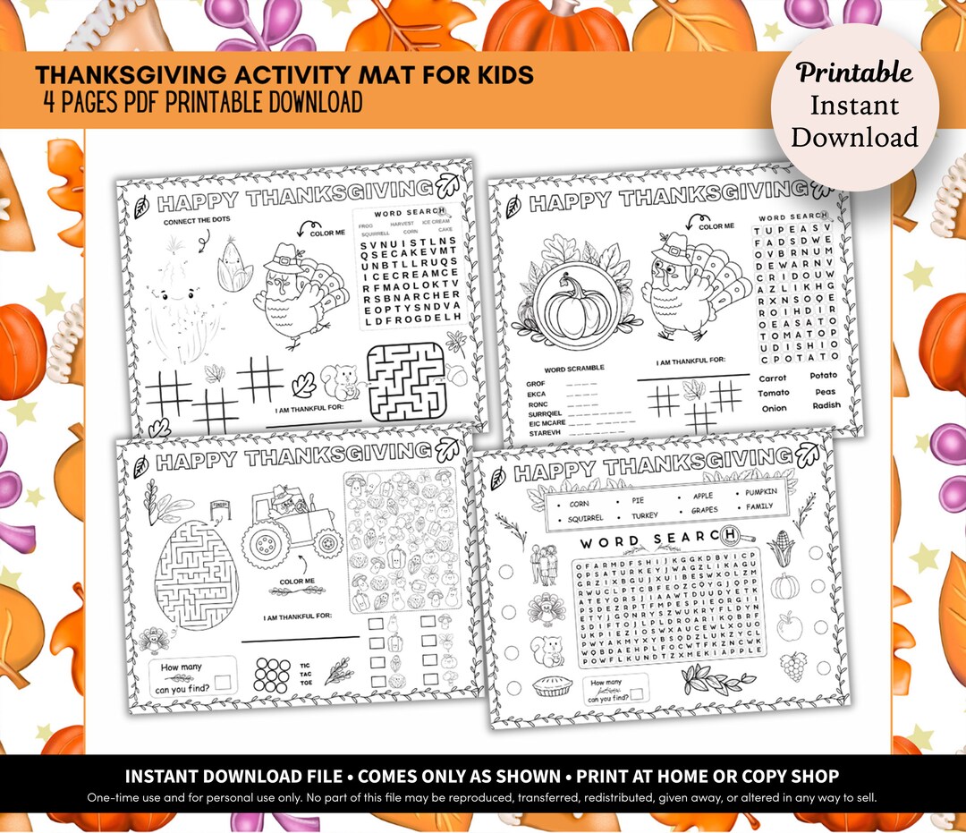 Thanksgiving Activity Bundle for Kids: Printable Games (PDF Download ...