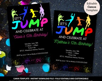 Trampoline Park Birthday Invitation Download Template | Jump Birthday Invitation | Glow Party Invite | Trampoline Bounce House • Printable