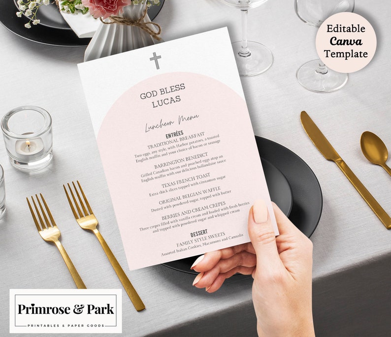 Baptism Girl Menu Card Printable Download Template Boho Menu Card Christening Menu Card Holy Communion Menu Card Digital Download image 1