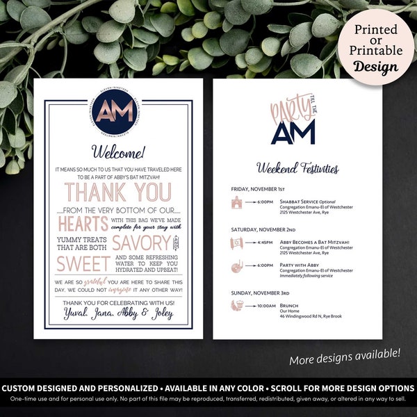 Mitzvah Letter and Itinerary • Hotel Welcome Bag • Bar Mitzvah Welcome Note • Bat Mitzvah Welcome Note • Mitzvah Timeline