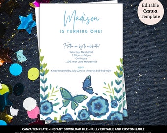 Butterfly Invitations Digital Download Template | Floral Butterfly Invitation | Birthday, Baby Shower, Sip and See, 1st Birthday Invitation