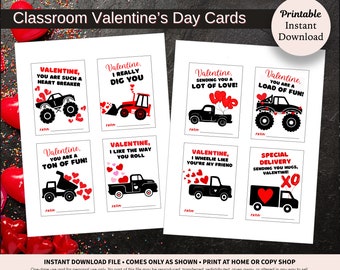Valentine's Day Cards for Classroom • Monster Truck Valentine's Day Cards • Truck Valentine's Day Cards • Printable Download Valentine's