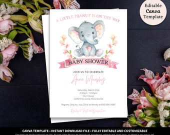 Little Peanut Girl Elephant Baby Shower Invitación Plantilla de descarga digital / Little Peanut Invite / Baby Elephant Baby Shower Invitación