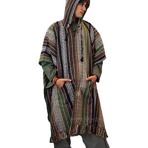 Extra Long Poncho, Mens Hippie woven poncho with Hood, Pure cotton Festival pancho, baja hoodie big size