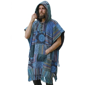 Patchwork Poncho with Hood | Men's Cotton Festival Baja Hoodie | Handmade Boho Outerwear
