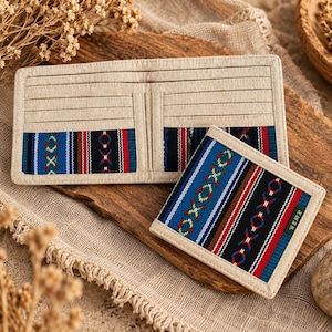 May include: A beige bifold wallet featuring a multi-colored woven fabric panel with blue, red, and black stripes and the text XOXO. The interior includes multiple card slots and a matching fabric lining. A small green tag labeled HEMP is visible.