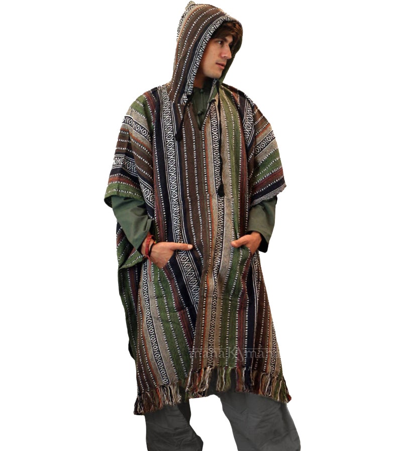 Long Poncho, Mens Hippie woven poncho with Hood, Pure cotton Festival pancho, baja hoodie image 2