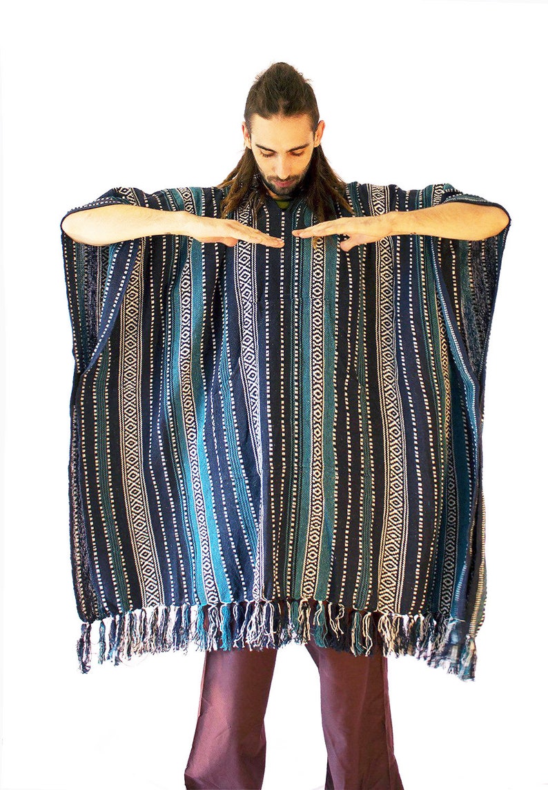 Long Poncho, Mens Hippie woven poncho with Hood, Pure cotton Festival pancho, baja hoodie image 3