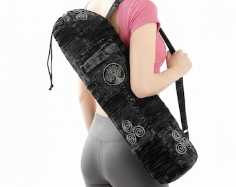 Yoga Mat Bag, Stonewashed Cotton, Embroidered Tree of Life, Celtic Spiral, Boho Tote
