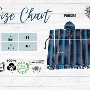 May include: A blue, black, and white striped hooded poncho with fringe at the bottom. A size chart displays measurement A as 44 inches and measurement B as 40 inches. Icons indicate the item is handmade, 100% natural, and fair trade.