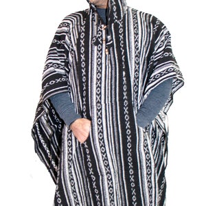 Long Poncho, Mens Hippie woven poncho with Hood, Pure cotton Festival pancho, baja hoodie black