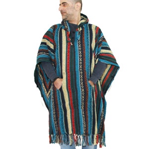 Long Poncho, Mens Hippie woven poncho with Hood, Pure cotton Festival pancho, baja hoodie image 7