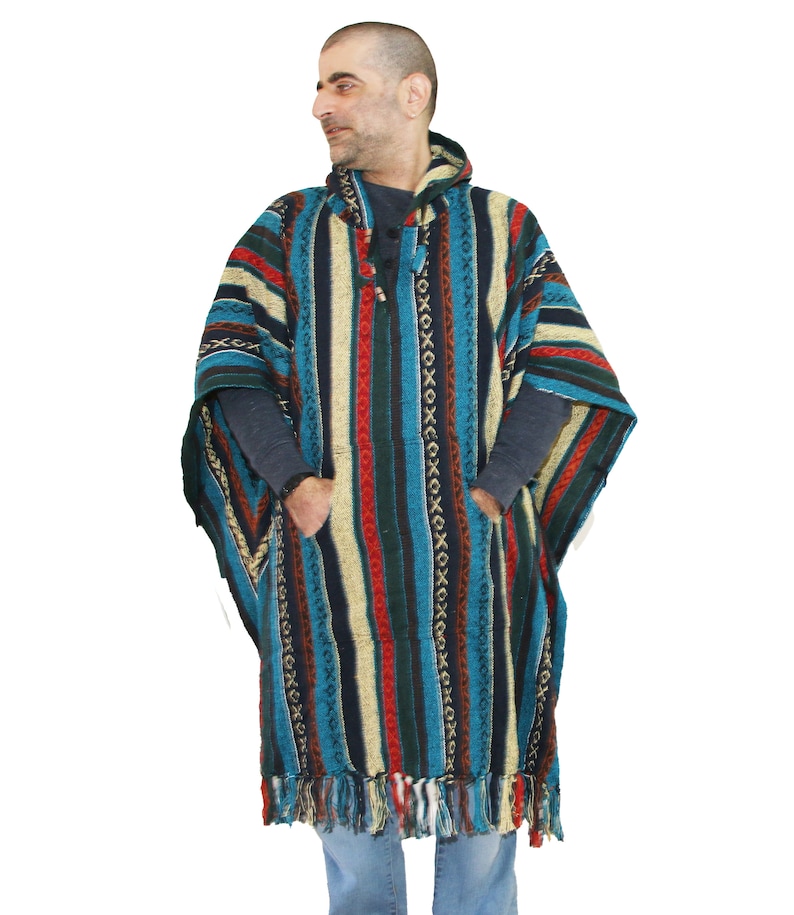 Long Poncho, Mens Hippie woven poncho with Hood, Pure cotton Festival pancho, baja hoodie image 7