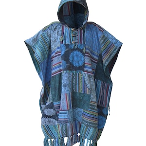 Patchwork Long Poncho, Mens Hippie  poncho with Hood, Pure cotton Festival pancho, baja hoodie