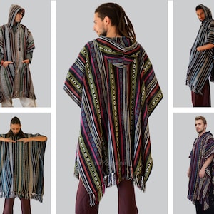 Long Poncho, Mens Hippie woven poncho with Hood, Pure cotton Festival pancho, baja hoodie image 1