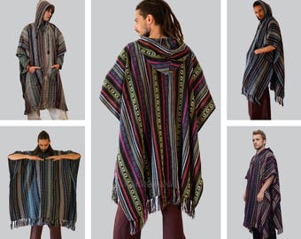 Long Poncho, Mens Hippie woven poncho with Hood, Pure cotton Festival pancho, baja hoodie