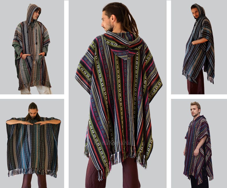 Long Poncho, Mens Hippie woven poncho with Hood, Pure cotton Festival pancho, baja hoodie image 1