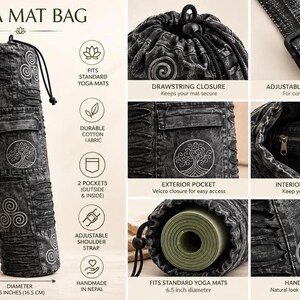 May include: A black acid-wash yoga mat bag with a drawstring closure, adjustable shoulder strap, and exterior and interior pockets. The bag features embroidered tree and spiral symbols, measuring 28 inches in length and 6.5 inches in diameter.