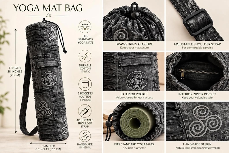 May include: A black acid-wash yoga mat bag with a drawstring closure, adjustable shoulder strap, and exterior and interior pockets. The bag features embroidered tree and spiral symbols, measuring 28 inches in length and 6.5 inches in diameter.