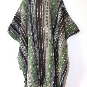 Long Poncho, Mens Hippie woven poncho with Hood, Pure cotton Festival pancho, baja hoodie green