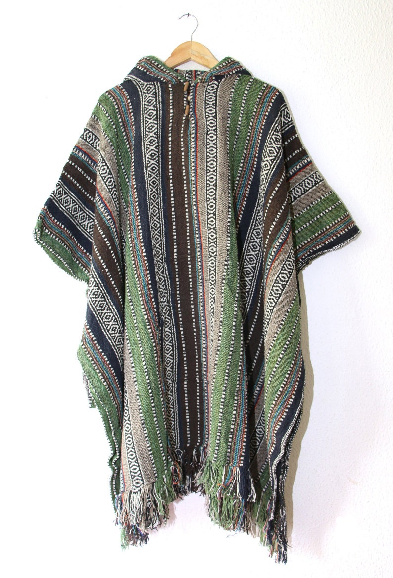 Long Poncho, Mens Hippie woven poncho with Hood, Pure cotton Festival pancho, baja hoodie green