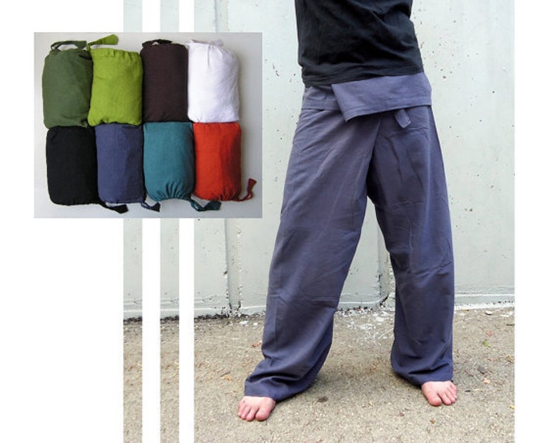 Thai Fisherman Pants Yoga Pants Plain Color Men / Women Thai wrap pants Gray Blue