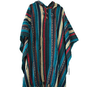 Long Poncho, Mens Hippie woven poncho with Hood, Pure cotton Festival pancho, baja hoodie multi