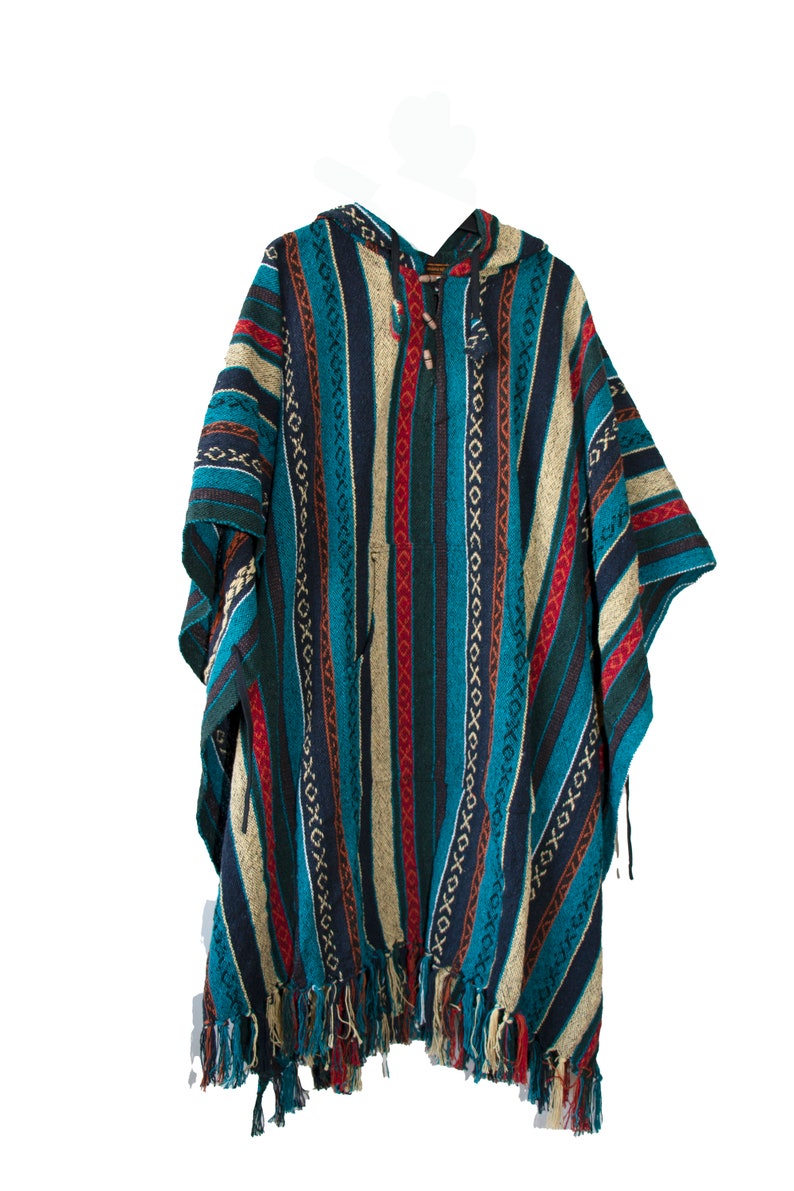 Long Poncho, Mens Hippie woven poncho with Hood, Pure cotton Festival pancho, baja hoodie multi