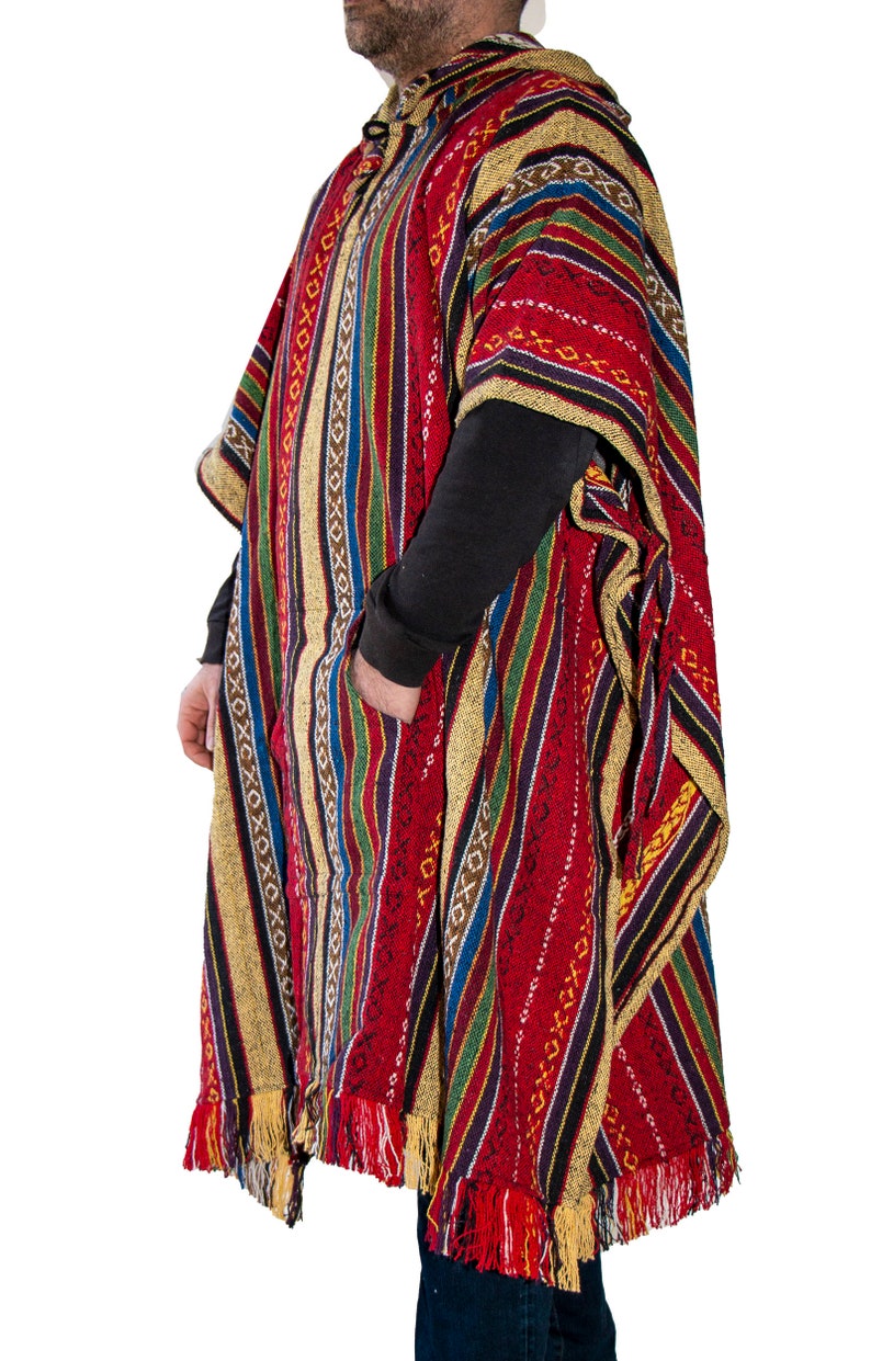Long Poncho, Mens Hippie woven poncho with Hood, Pure cotton Festival pancho, baja hoodie red