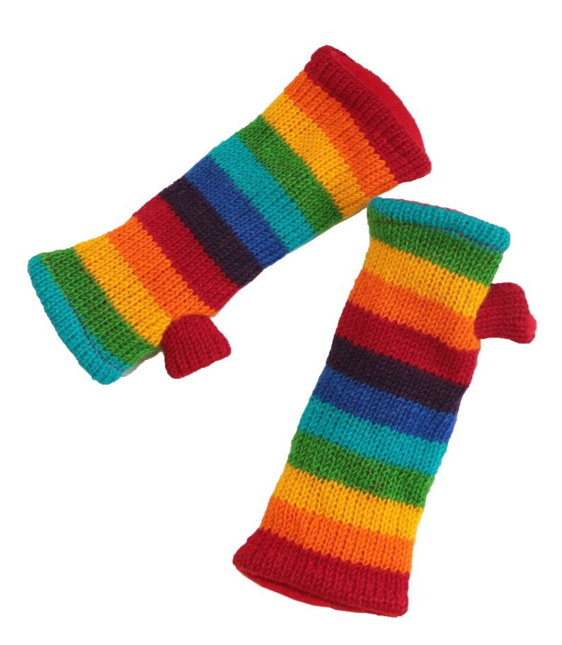 Rainbow Wool Arm Warmers Fingerless Gloves Knit Wrist Etsy