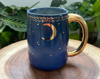 Starry Gold Moon Mug in Dark Blue Ombre