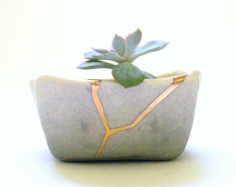 Kintsugi Inspired Mini Square Succulent Planter in Gray Ombre, ceramic pottery, cactus flower pot, succulents, porcelain, wabi sabi
