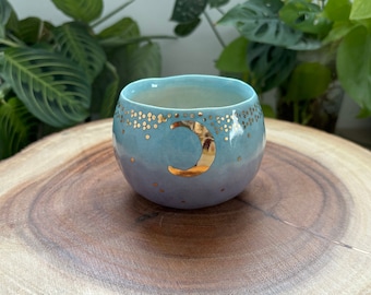 Starry Gold Moon Yunomi Tea Cup in Light Blue and  Purple Ombre