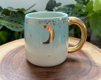 Flawed- Starry Gold Moon Mug in Light Blue Ombre- READ ITEM DESCRIPTION