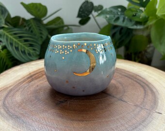 Starry Gold Moon Yunomi Tea Cup in Light Blue and  Purple Ombre