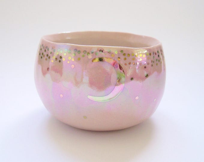 Hand Painted Opalescent Starry Gold Moon Yunomi Cup in Pink