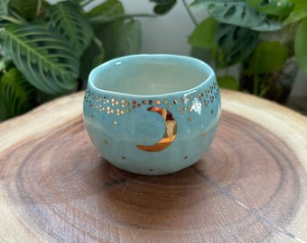 Starry Gold Moon Yunomi Tea Cup in Light Aqua Blue
