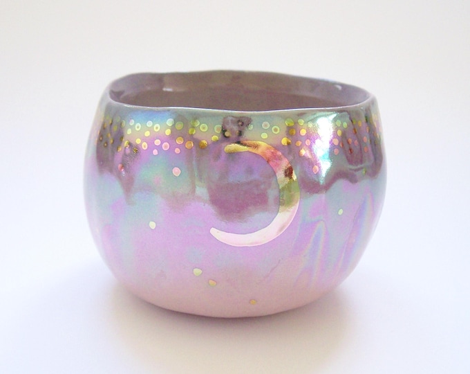 Hand Painted Opalescent Starry Gold Moon Yunomi Cup in Purple Ombre