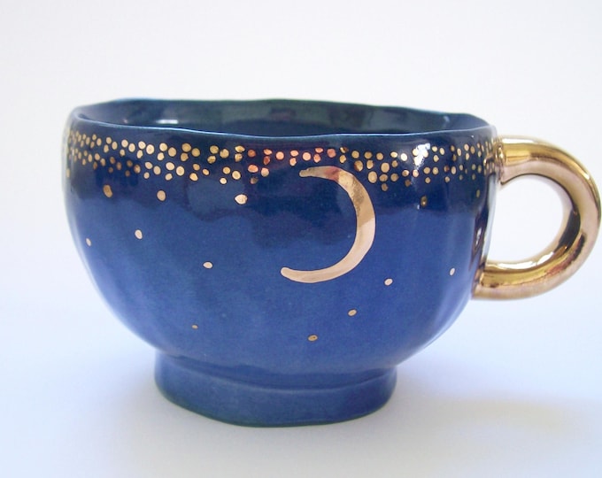 Hand Painted Starry Gold Moon Latte Mug in Dark Blue Ombre
