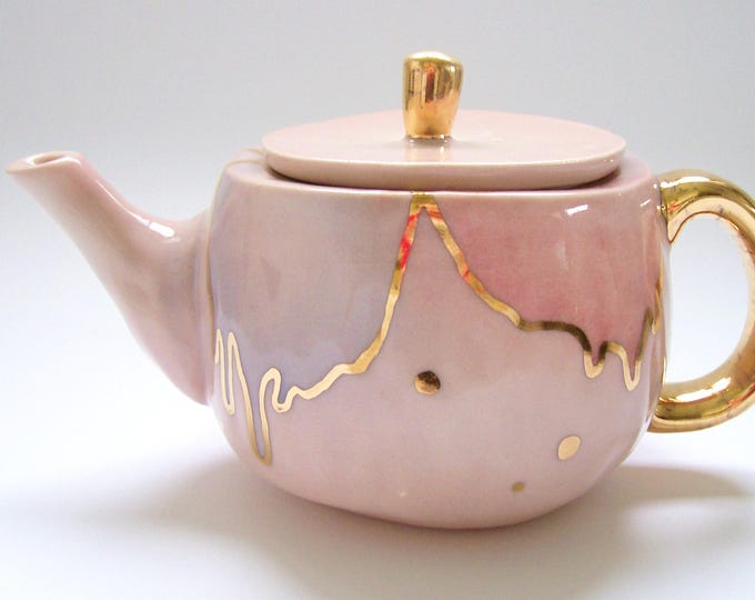 Flawed- Pink Drippy Rainbow Gold Teapot- READ ITEM DESCRIPTION