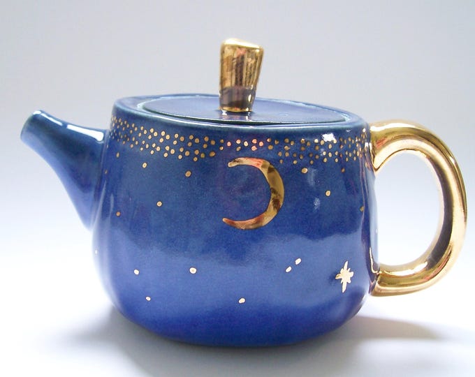 Starry Gold Moon Teapot in Dark Blue