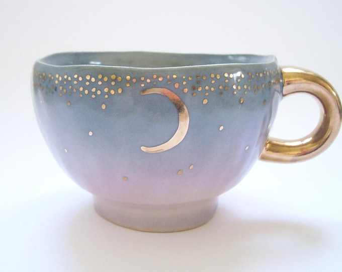 Flawed- Hand Painted Starry Gold Moon Latte Mug in Dusty Purple Ombre- READ ITEM DESCRIPTION