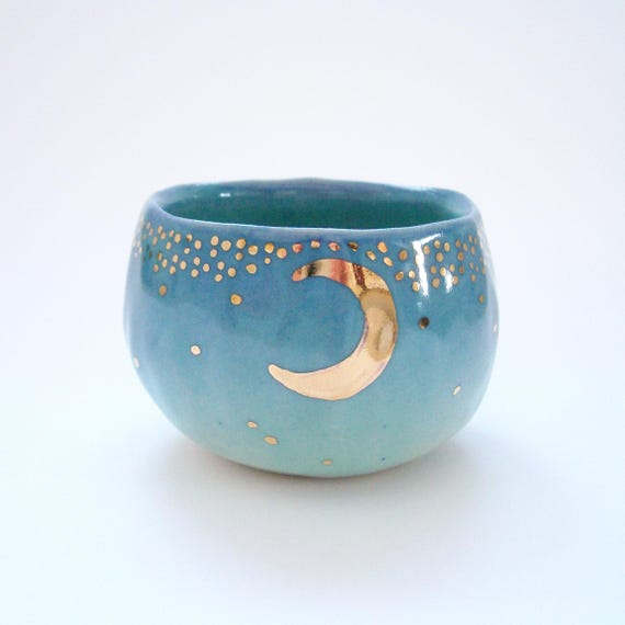 Starry Gold Moon Yunomi Cup in Ocean Blue Ombre