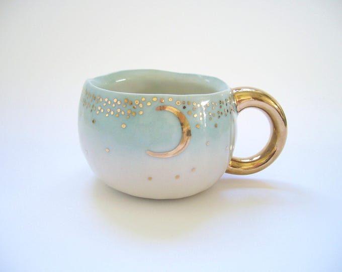 Hand Painted Small Starry Gold Moon Mug/Teacup in Light Blue Ombre