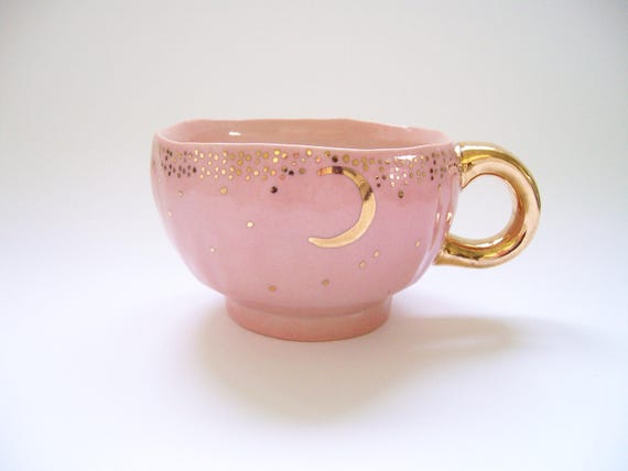Starry Gold Moon Latte Mug in Pink