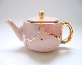 Slightly Flawed- Pink Drippy Rainbow Gold Teapot- READ ITEM DESCRIPTION