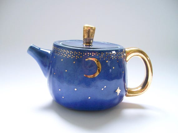 Starry Gold Moon Teapot in Dark Blue