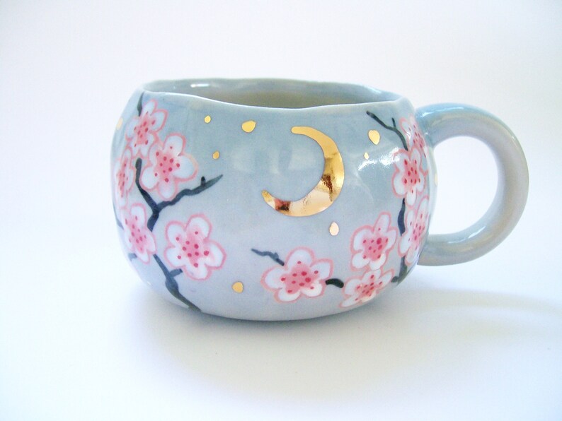 16 oz Japanese shops Cherry Blossoms Moon Mug in Light Blue