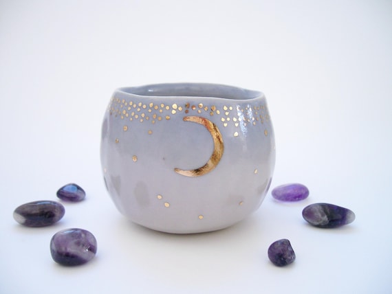 Starry Gold Moon Yunomi Tea Cup in Lavender Ombre